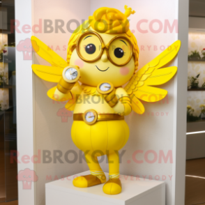 Yellow Cupid mascot costume character dressed with a Culottes and Bracelet watches