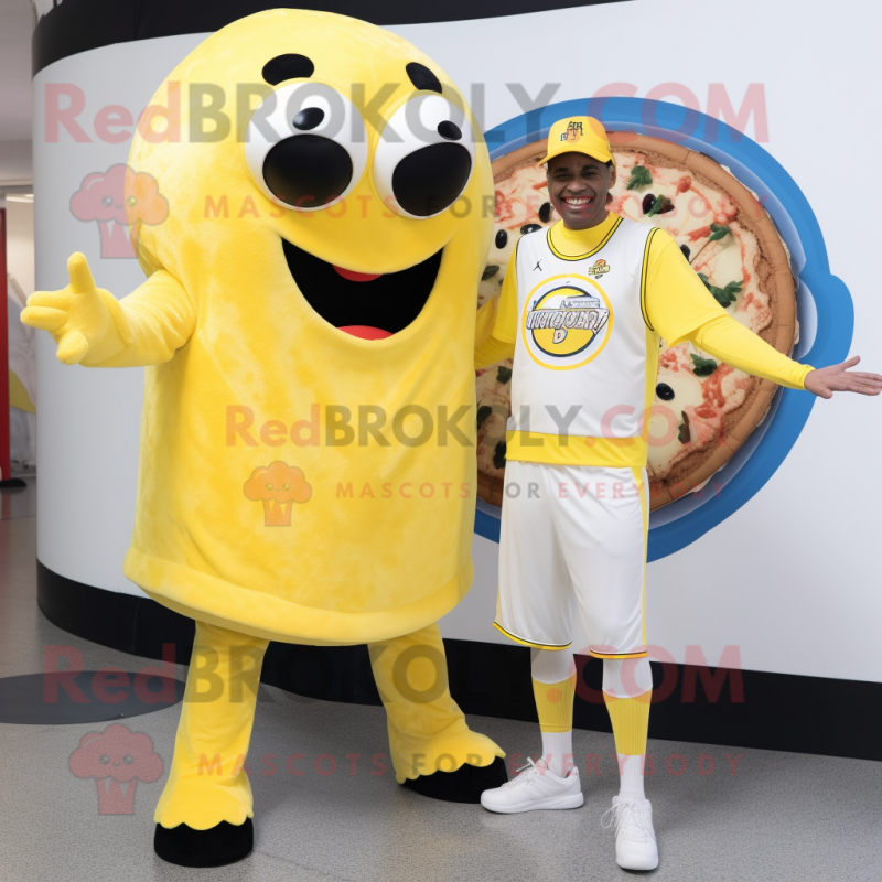 Lemon Yellow Pizza mascot costume character dressed with a Capri Pants and Rings Lemon Yellow Pizza mascot costume character dressed with a Capri Pants and Rings