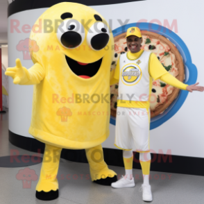 Lemon Yellow Pizza mascot costume character dressed with a Capri Pants and Rings