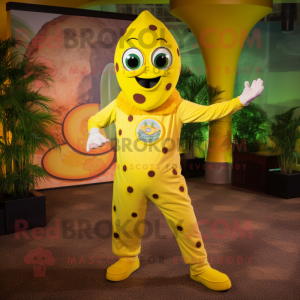 Lemon Yellow Pizza mascot costume character dressed with a Capri Pants and Rings