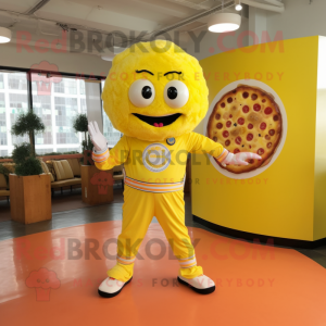 Lemon Yellow Pizza mascot costume character dressed with a Capri Pants and Rings