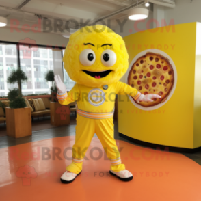 Lemon Yellow Pizza mascot costume character dressed with a Capri Pants and Rings