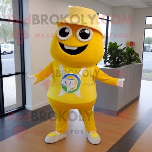 Lemon Yellow Pizza mascot costume character dressed with a Capri Pants and Rings