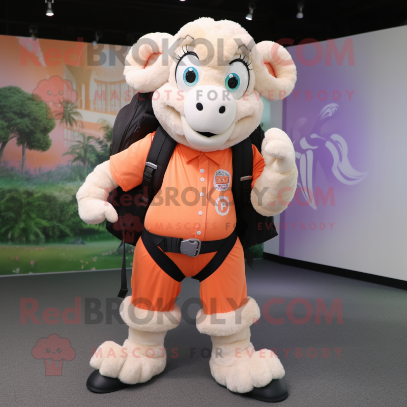 Peach Ram mascot costume character dressed with a Dress Pants and Backpacks