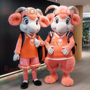 Peach Ram mascot costume character dressed with a Dress Pants and Backpacks