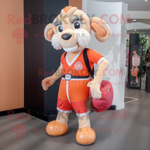 Peach Ram mascot costume character dressed with a Dress Pants and Backpacks