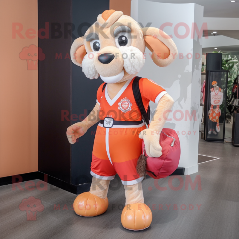 Peach Ram mascot costume character dressed with a Dress Pants and Backpacks