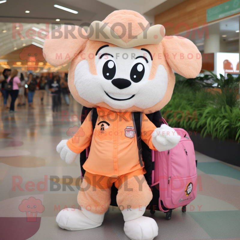 Peach Ram mascot costume character dressed with a Dress Pants and Backpacks