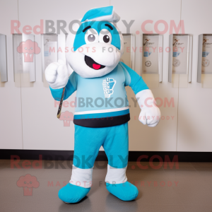 Cyan Ice Hockey Stick mascot costume character dressed with a Running Shorts and Clutch bags