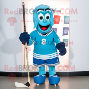 Cyan Ice Hockey Stick mascot costume character dressed with a Running Shorts and Clutch bags