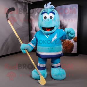 Cyan Ice Hockey Stick mascot costume character dressed with a Running Shorts and Clutch bags