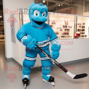 Cyan Ice Hockey Stick mascot costume character dressed with a Running Shorts and Clutch bags