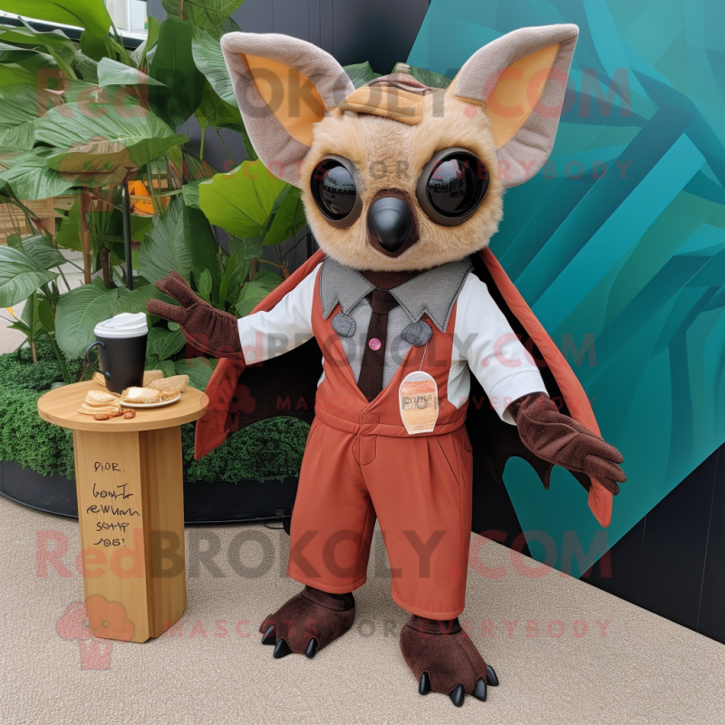 Rust Fruit Bat mascot costume character dressed with a Jumpsuit and Pocket squares