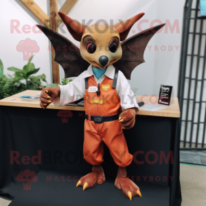 Rust Fruit Bat mascot costume character dressed with a Jumpsuit and Pocket squares