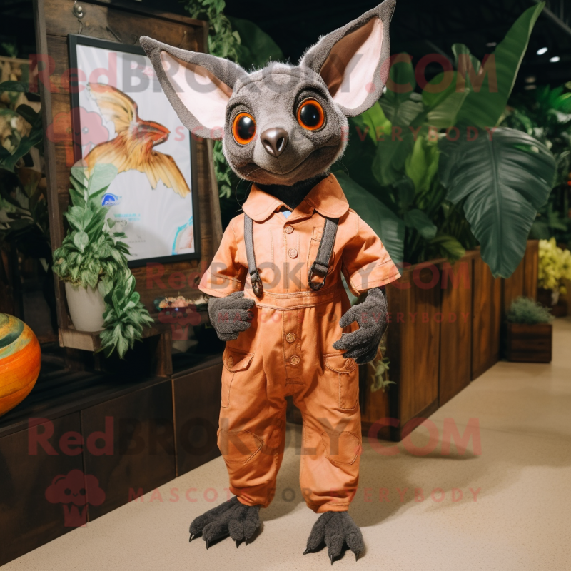 Rust Fruit Bat mascot costume character dressed with a Jumpsuit and Pocket squares