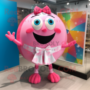 Pink Handball Ball mascot costume character dressed with a Swimwear and Bow ties
