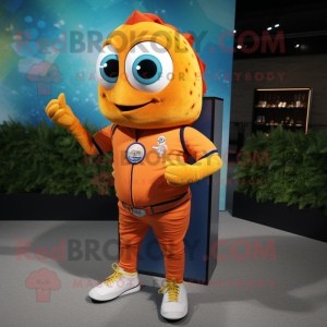 Orange Fish Tacos mascot costume character dressed with a Skinny Jeans and Smartwatches