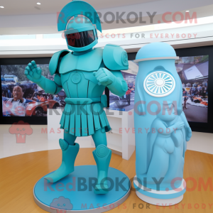 Maskotfigur af en cyan...
