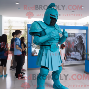 Maskotfigur af en cyan...