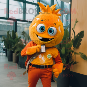 Orange Fish Tacos mascot costume character dressed with a Skinny Jeans and Smartwatches