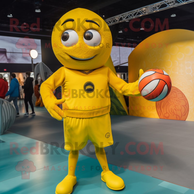 Yellow Handball Ball mascot costume character dressed with a Turtleneck and Berets Yellow Handball Ball mascot costume character dressed with a Turtleneck and Berets