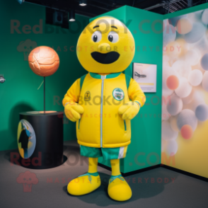 Yellow Handball Ball mascot costume character dressed with a Turtleneck and Berets