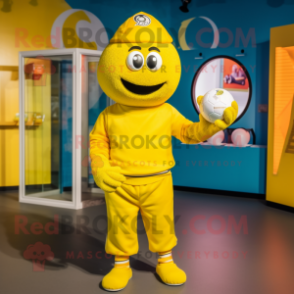Yellow Handball Ball mascot costume character dressed with a Turtleneck and Berets