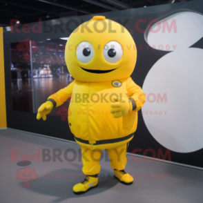 Yellow Handball Ball mascot costume character dressed with a Turtleneck and Berets