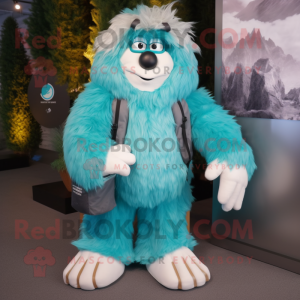 Turquoise Yeti mascot costume character dressed with a Bomber Jacket and Shoe laces