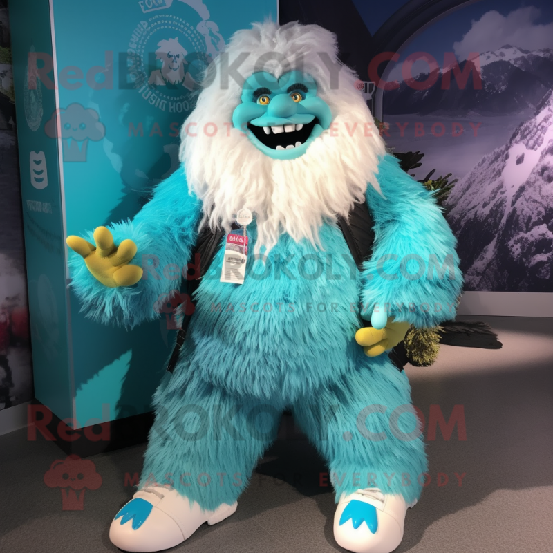 Turquoise Yeti mascot costume character dressed with a Bomber Jacket and Shoe laces