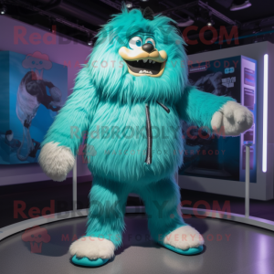 Turquoise Yeti mascot costume character dressed with a Bomber Jacket and Shoe laces