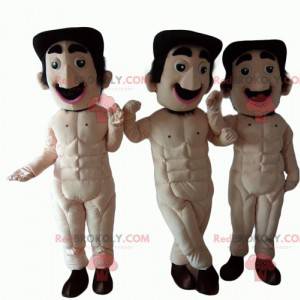 3 mascotte di uomini baffuti completamente nudi - Redbrokoly.com
