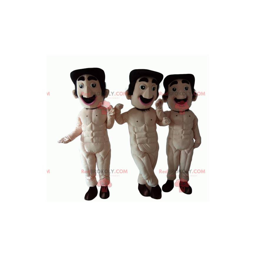 3 mascottes van volledig naakte mannen met snor - Redbrokoly.com