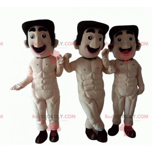 3 mascottes van volledig naakte mannen met snor - Redbrokoly.com