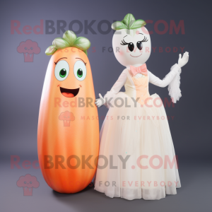 Peach Celery mascot costume character dressed with a Wedding Dress and Mittens