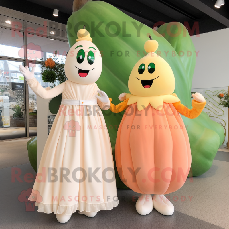 Peach Celery mascot costume character dressed with a Wedding Dress and Mittens Peach Celery mascot costume character dressed with a Wedding Dress and Mittens