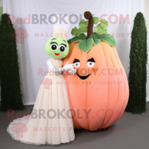 Peach Celery mascot costume character dressed with a Wedding Dress and Mittens