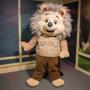 Tan Porcupine mascot costume character dressed with a Corduroy Pants and Shoe clips