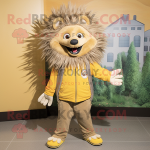 Tan Porcupine mascot costume character dressed with a Corduroy Pants and Shoe clips