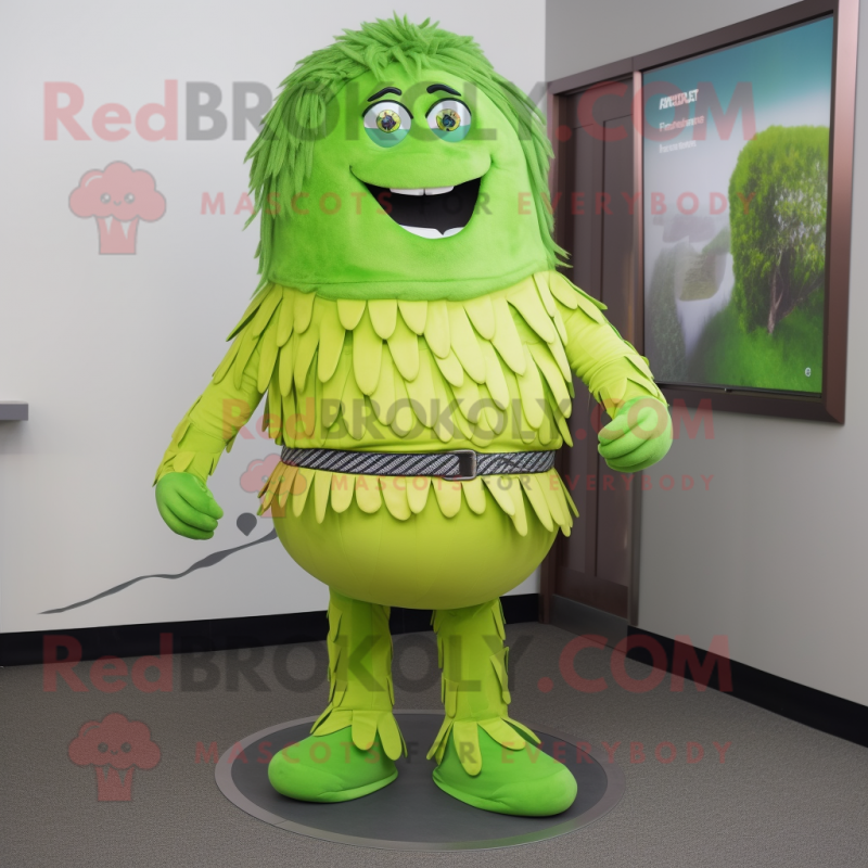 Lime Green Shepard'S Pie mascot costume character dressed with a Jeggings and Belts Lime Green Shepard'S Pie mascot costume character dressed with a Jeggings and Belts