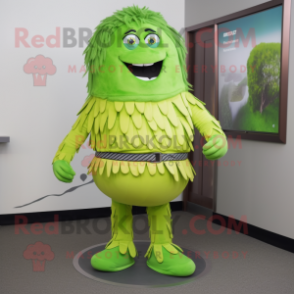 Lime Green Shepard'S Pie mascot costume character dressed with a Jeggings and Belts