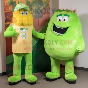 Lime Green Shepard'S Pie mascot costume character dressed with a Jeggings and Belts