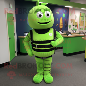 Lime Green Shepard'S Pie mascot costume character dressed with a Jeggings and Belts