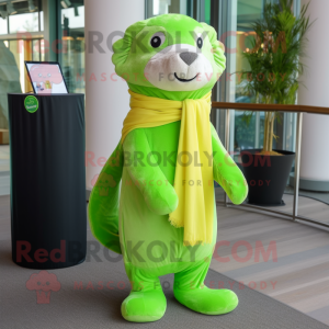 Lime Green Otter mascot costume character dressed with a Suit and Scarf clips