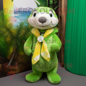 Lime Green Otter mascot costume character dressed with a Suit and Scarf clips
