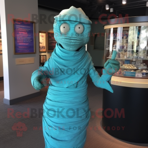 Cyan Mummy mascot costume character dressed with a Cocktail Dress and Shawl pins
