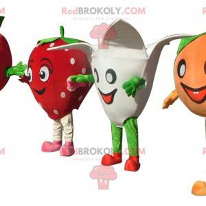 4 mascotas un tomate una fresa una flor y una mandarina -