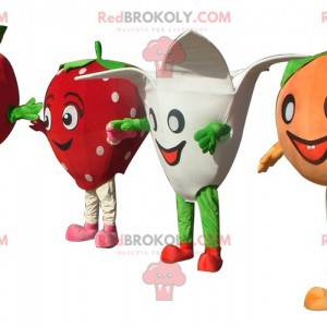 4 mascottes une tomate une fraise une fleur et une mandarine -