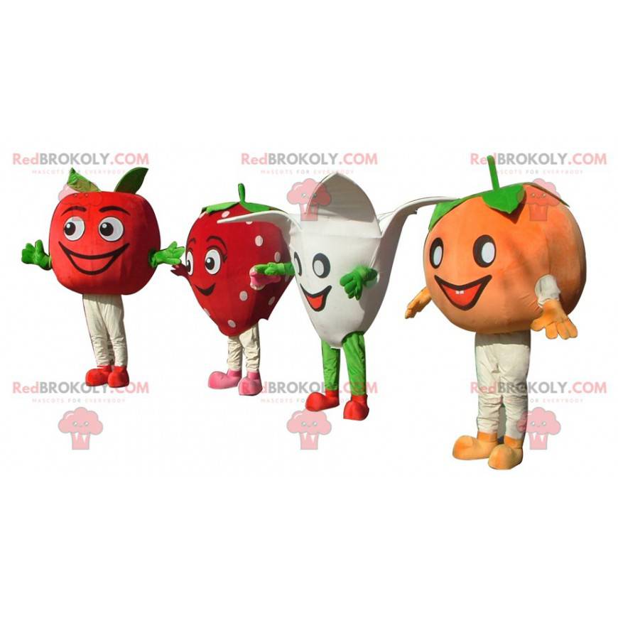 4 mascotes um tomate um morango uma flor e uma tangerina -