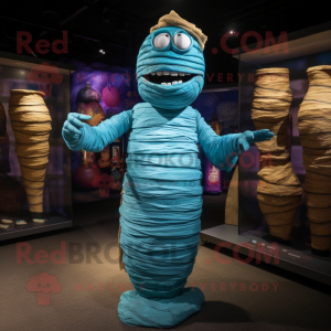 Cyan Mummy mascot costume character dressed with a Cocktail Dress and Shawl pins